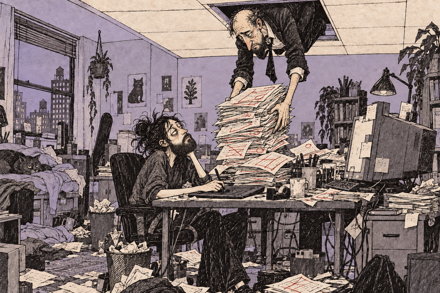 An approver emerges from the ceiling with more proofs for the weary bearded designer