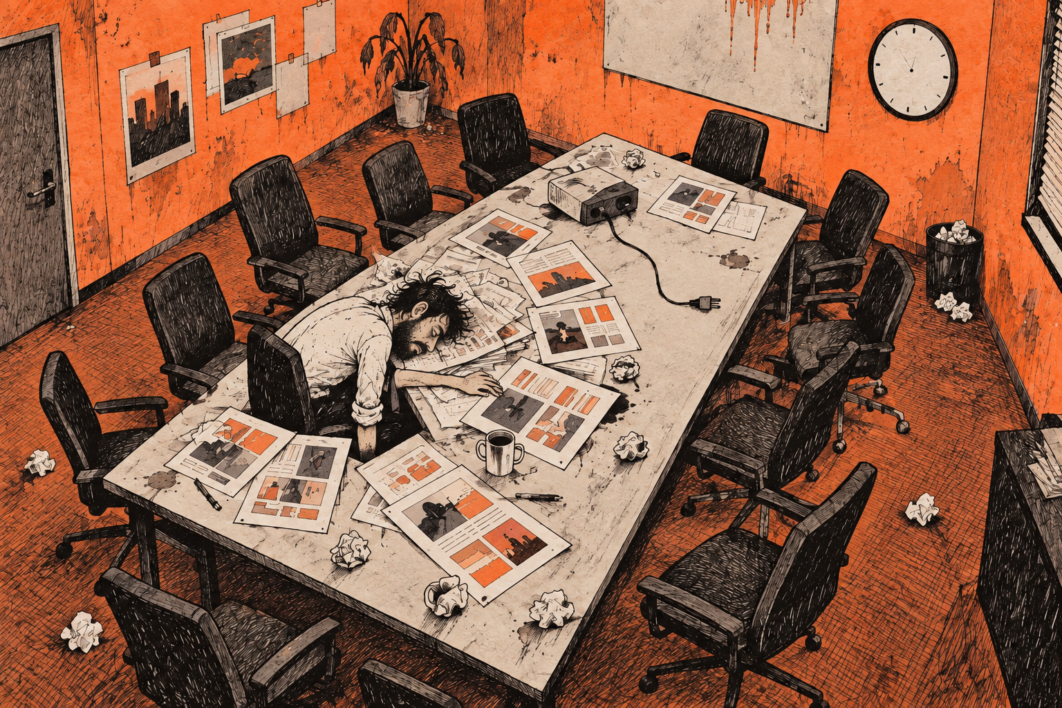 A bearded designer sleeps face down at an empty meeting table