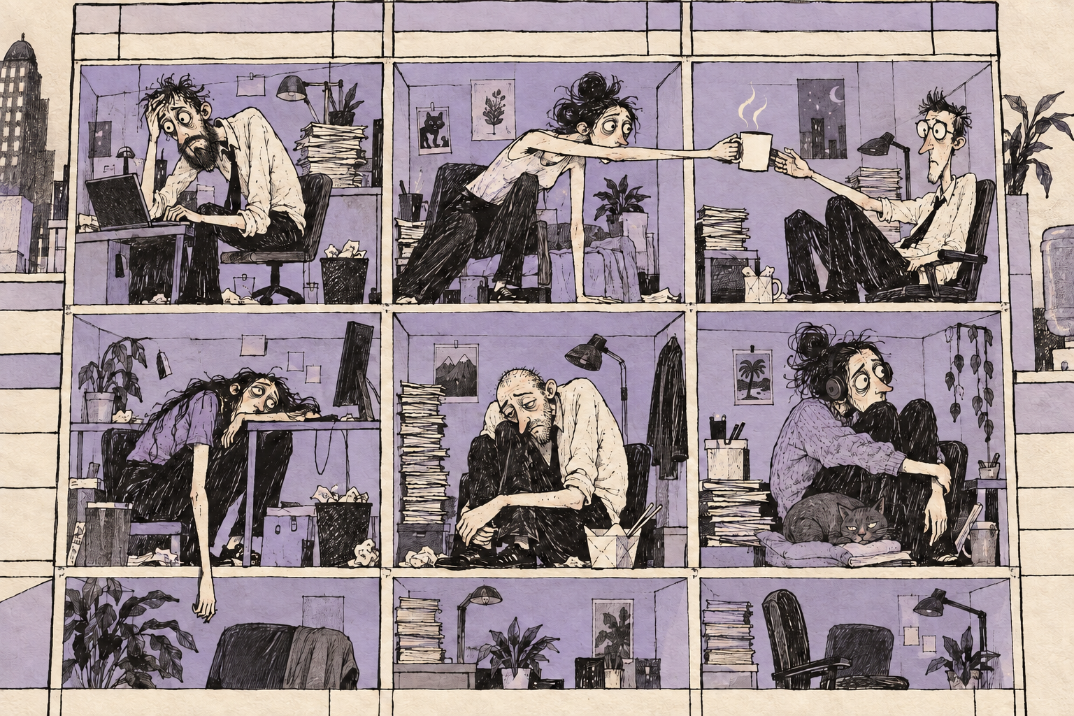 Exhausted designers trapped in cubicles, including the bearded recurring designer