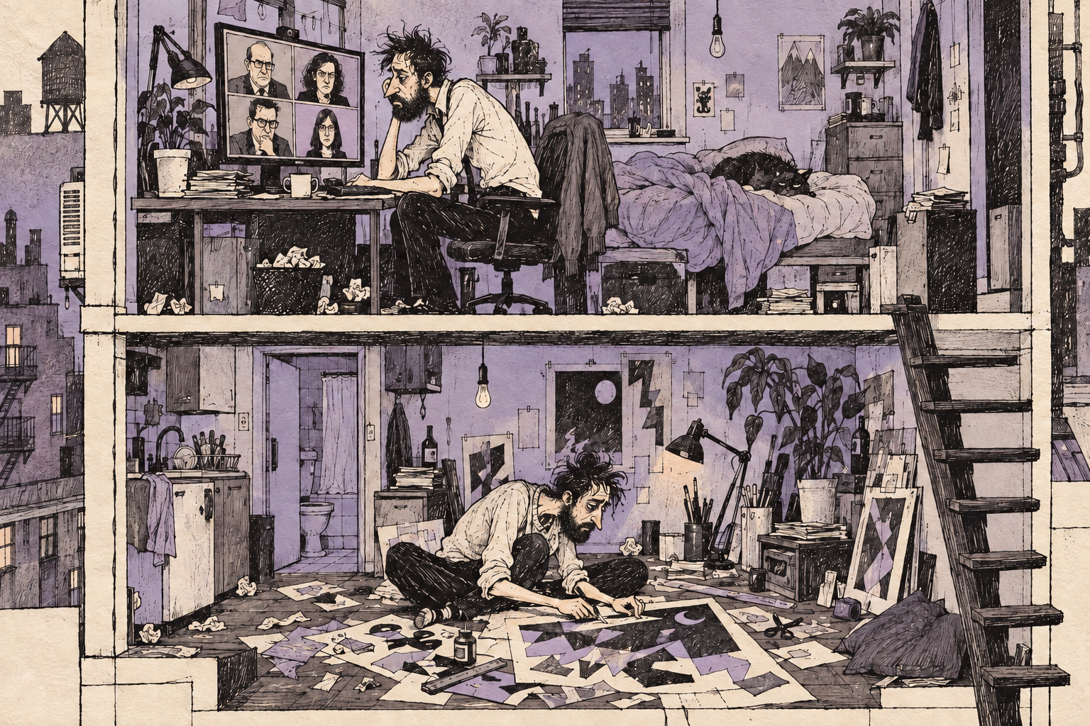 A bearded designer works his day job upstairs and makes posters downstairs