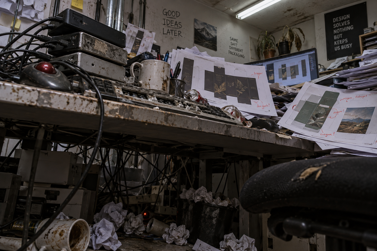 A filthy design workstation piled with hard drives, cables and packaging proofs