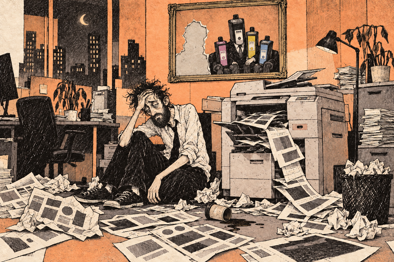 A bearded designer slumps beside a printer beneath a family portrait of cartridges