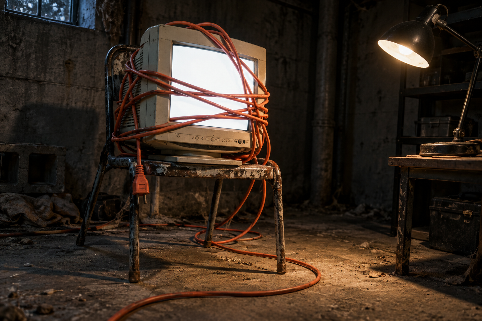A battered monitor bound in orange cables in a grim basement