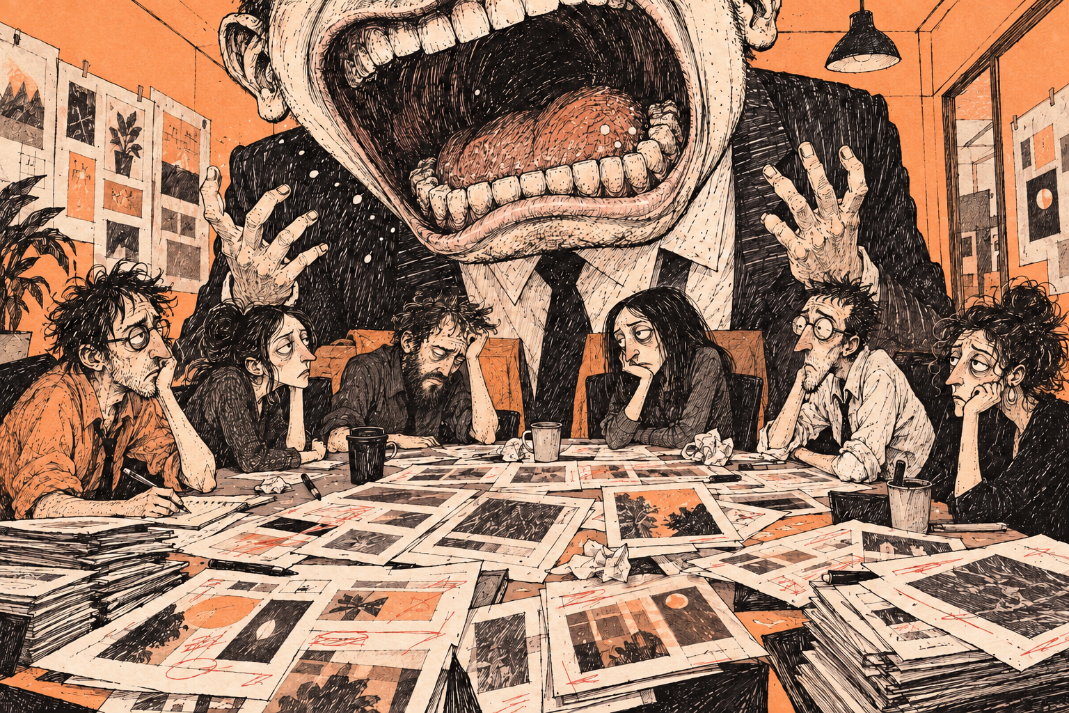 A giant shouting approver looms over exhausted designers and marked-up layouts