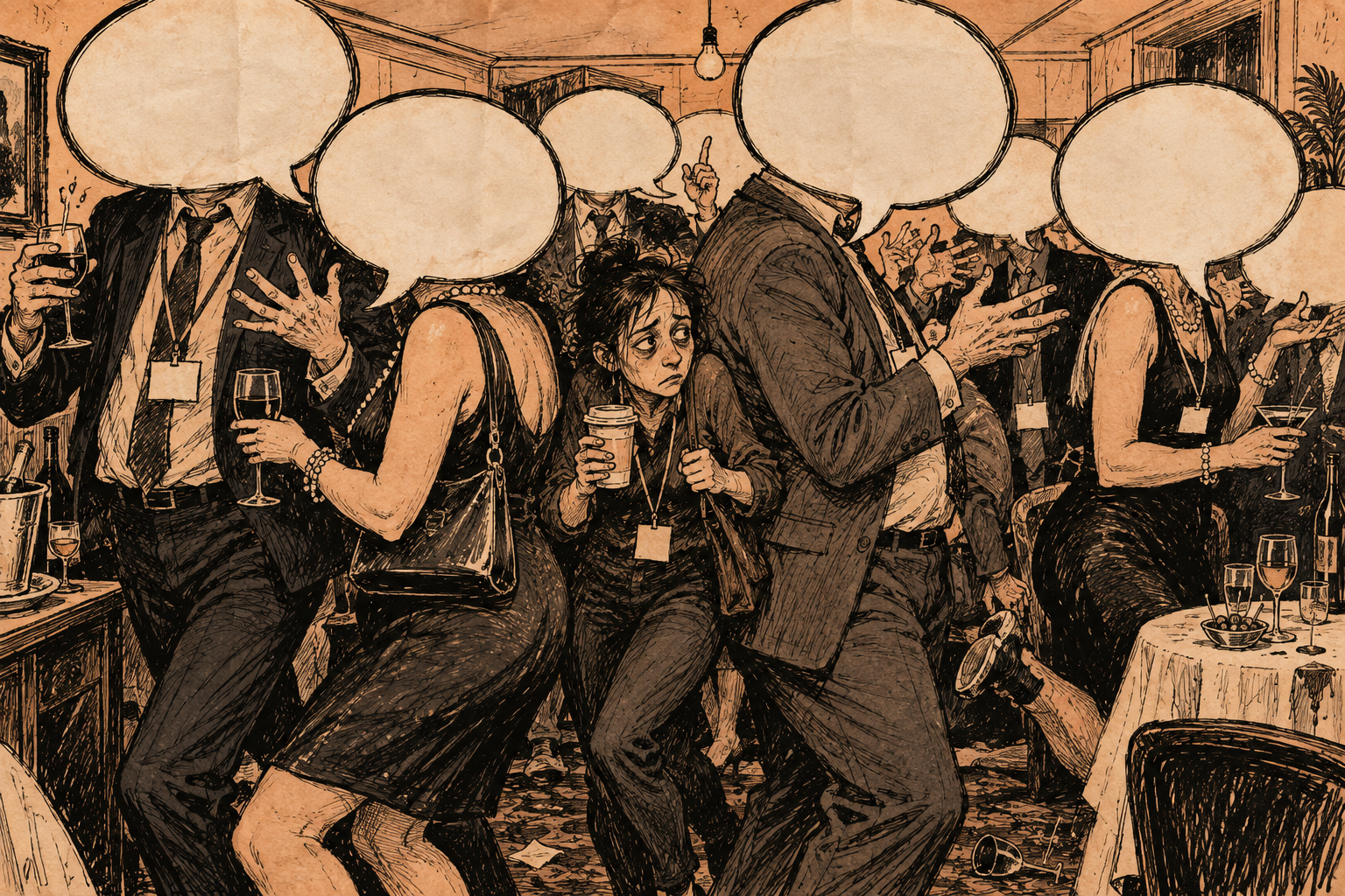 An exhausted attendee surrounded by people with enormous empty speech bubbles