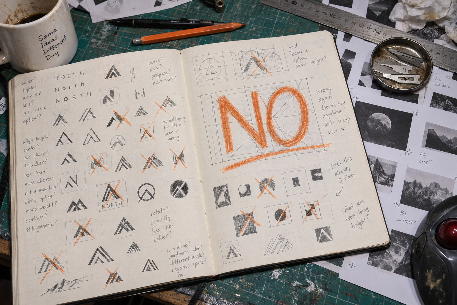 A notebook of rejected logo sketches and layout corrections on a cutting mat