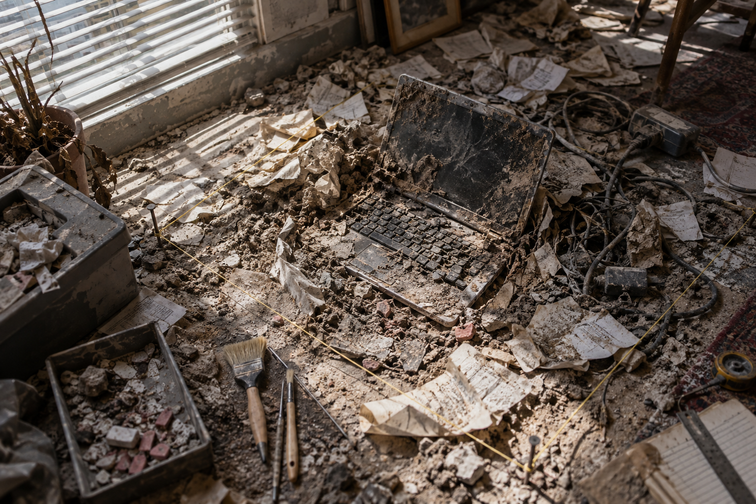A laptop excavated from layers of dust, paper and cables