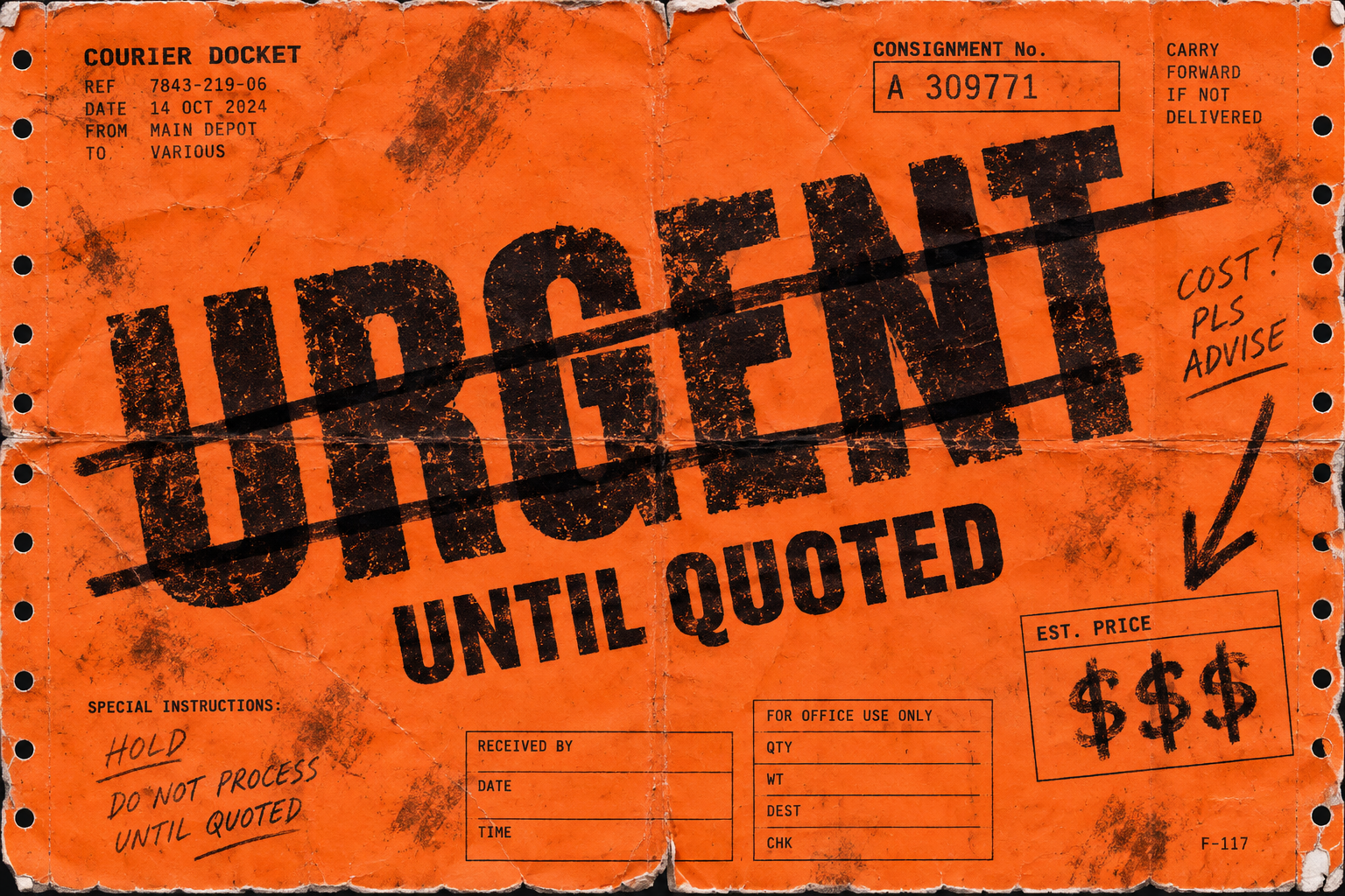 An orange courier docket stamped Urgent, crossed out above Until Quoted