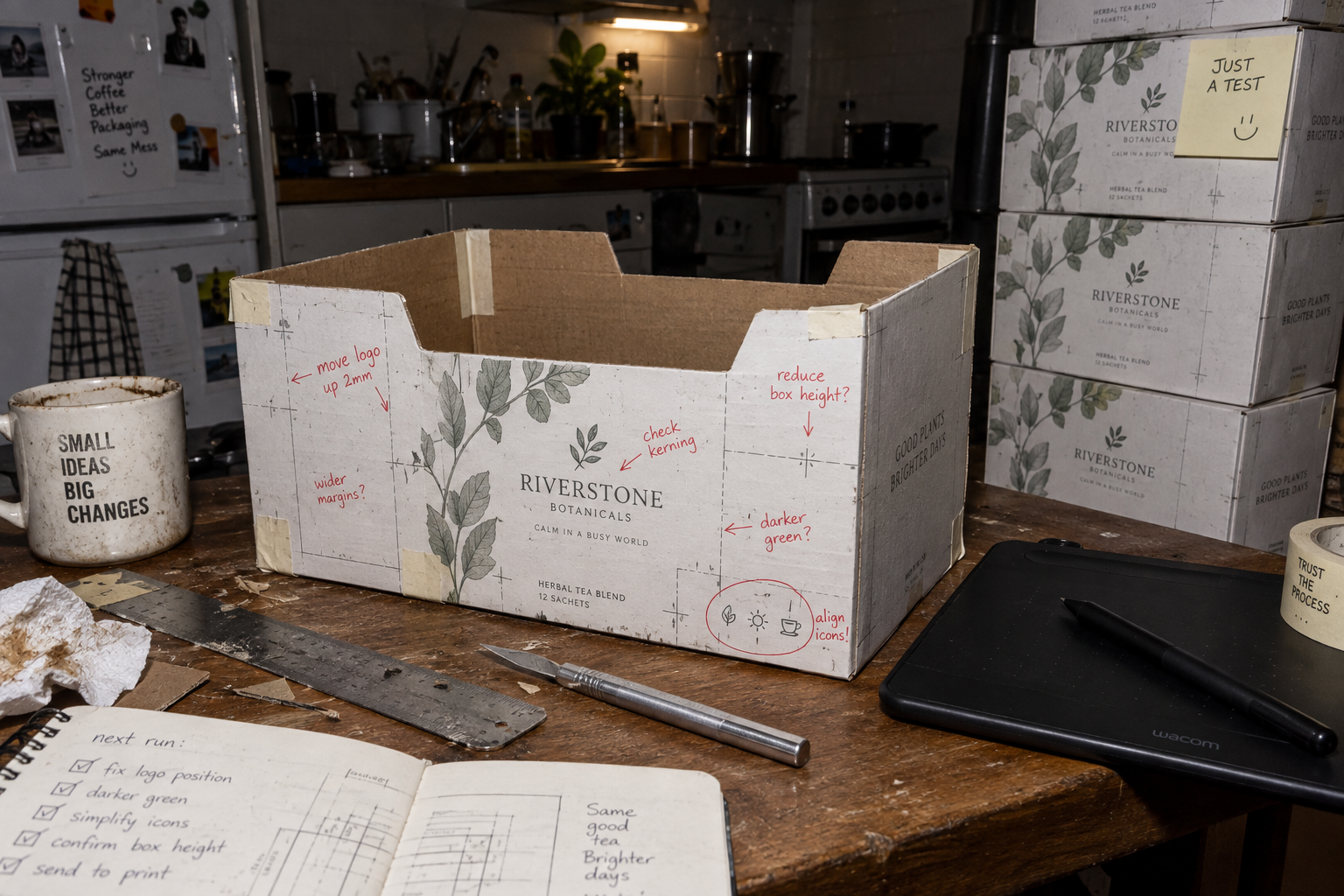 A kitchen studio with a production-ready packaging prototype labeled just a test
