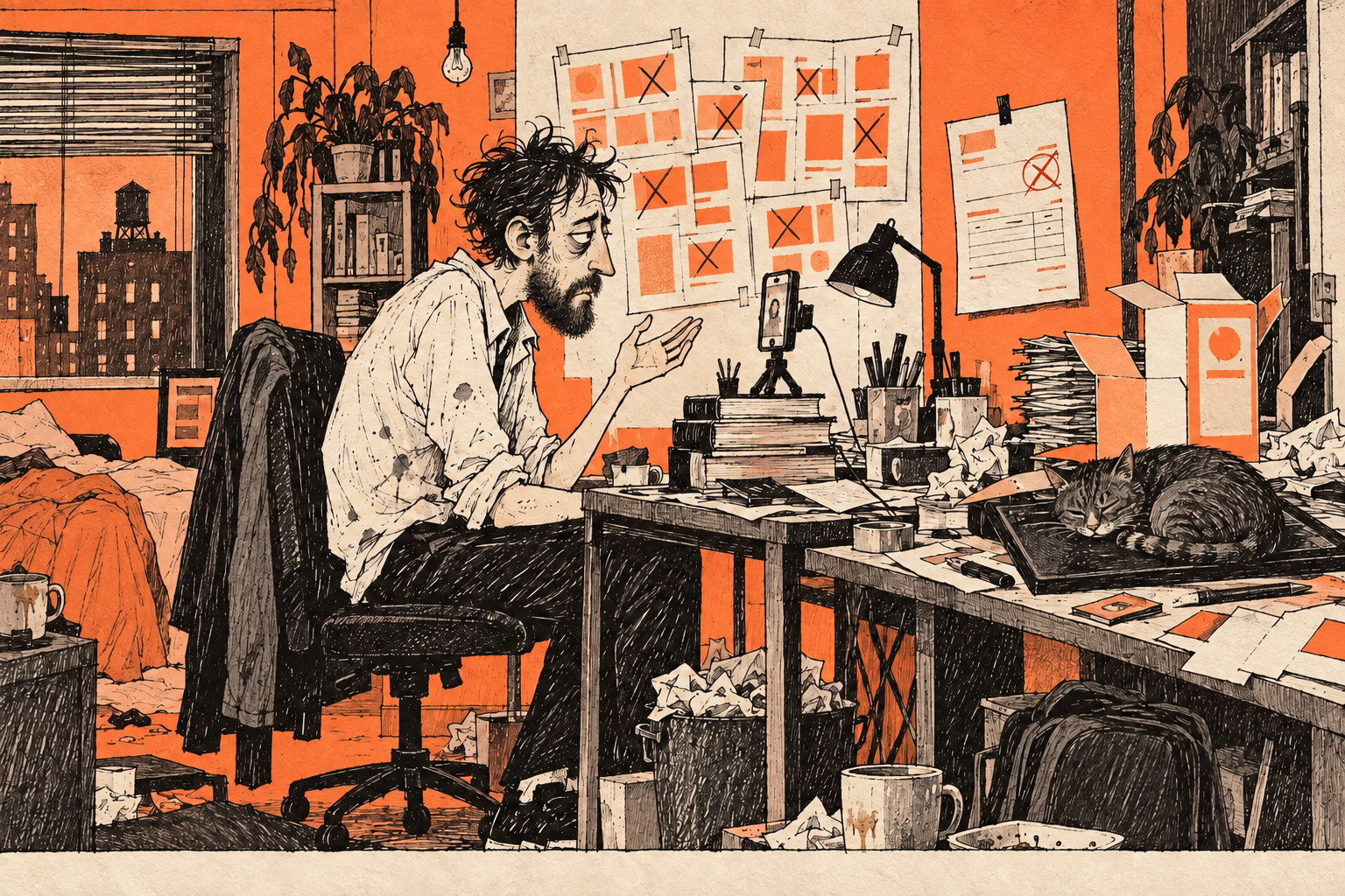 A weary bearded designer filming himself in an orange, cluttered apartment