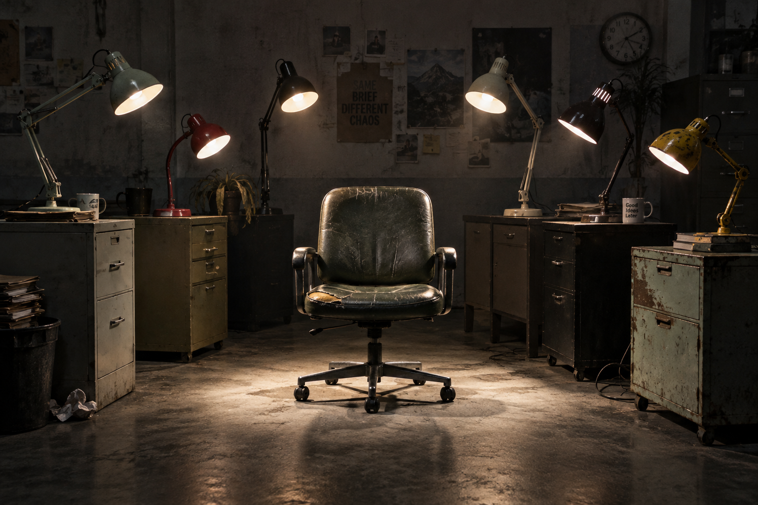 An empty worn office chair surrounded by desk lamps like an interrogation