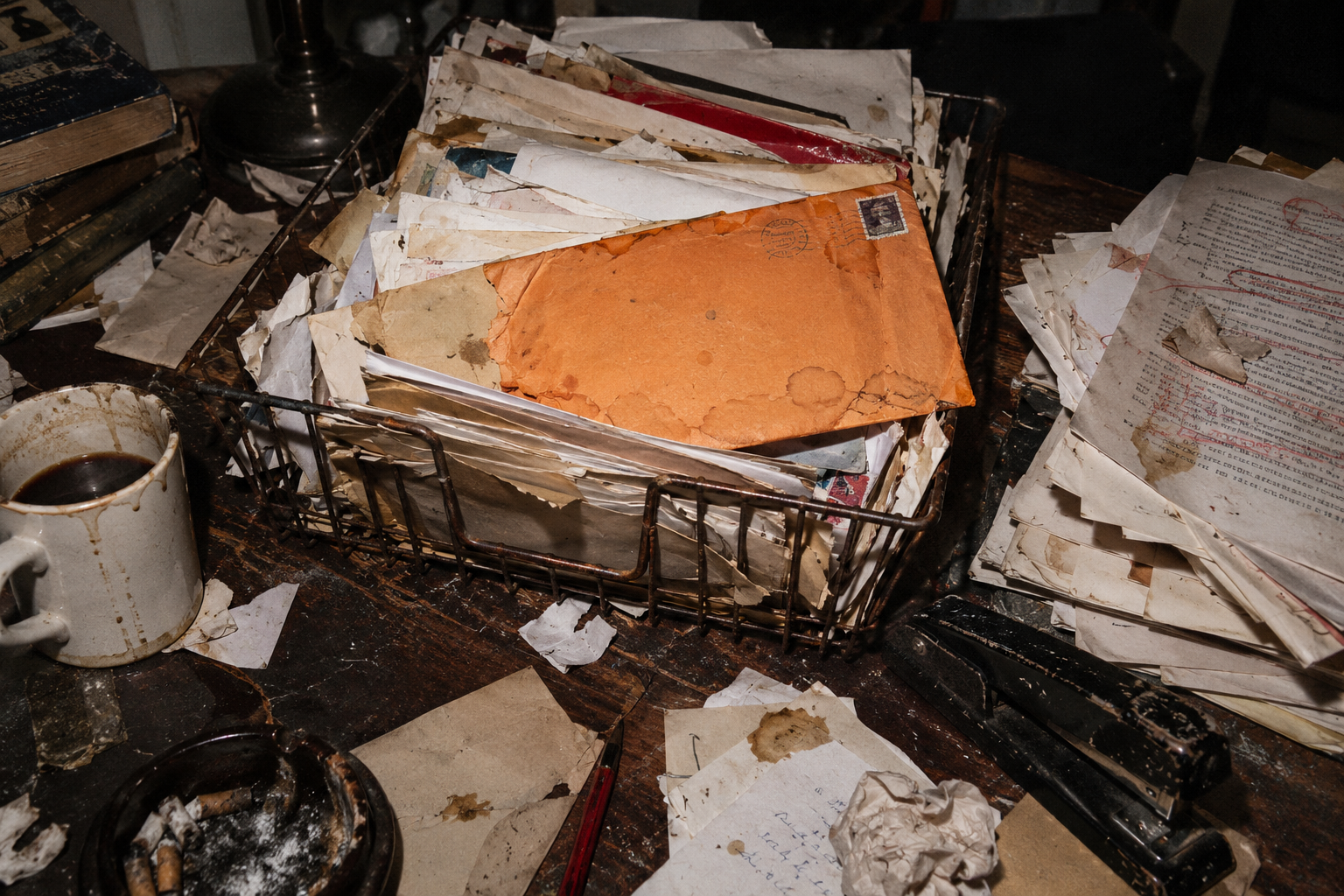 A rusty letter tray overflowing with stained envelopes and marked-up papers on a worn desk