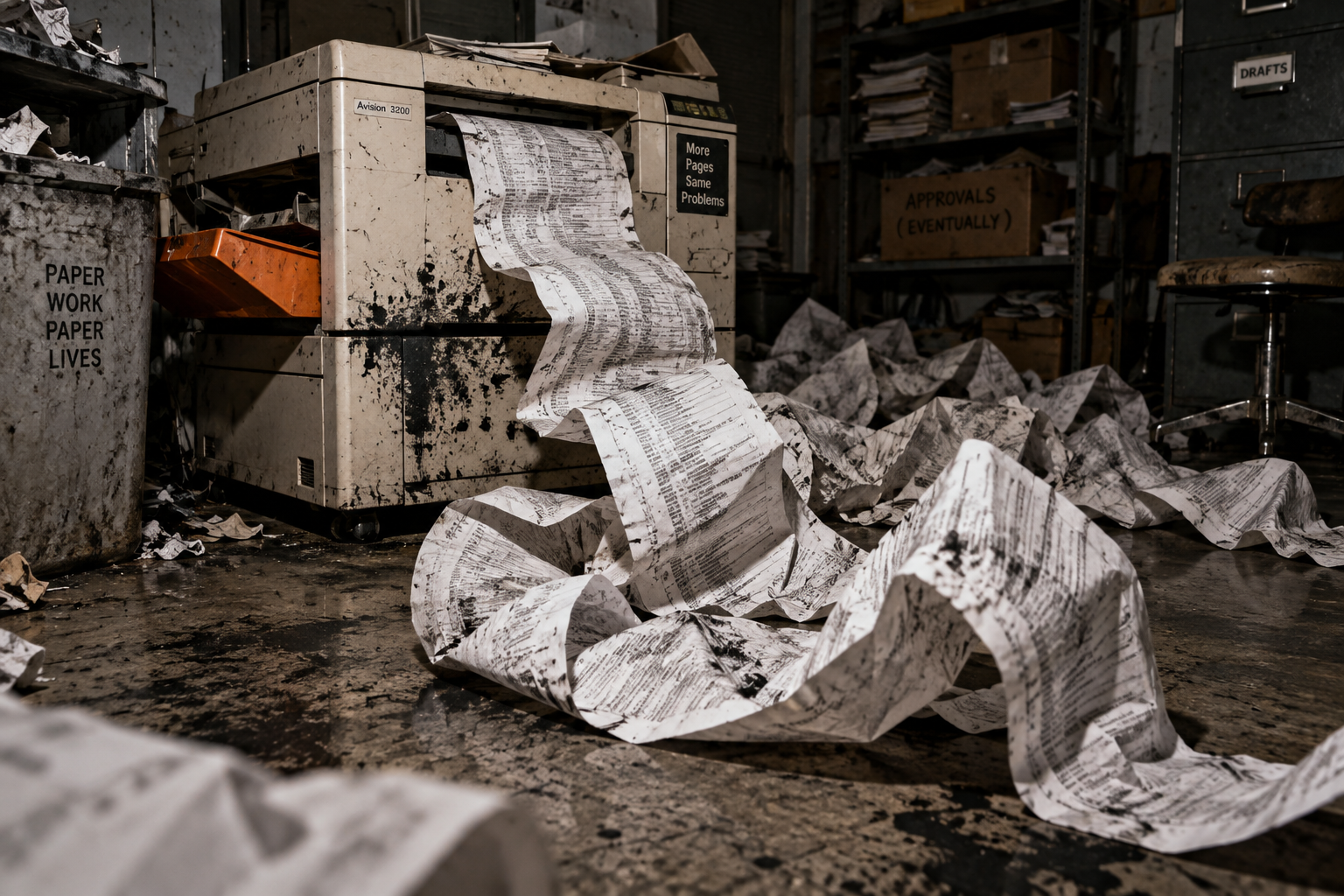 A battered printer trailing a long ribbon of crumpled paper across a dim print room