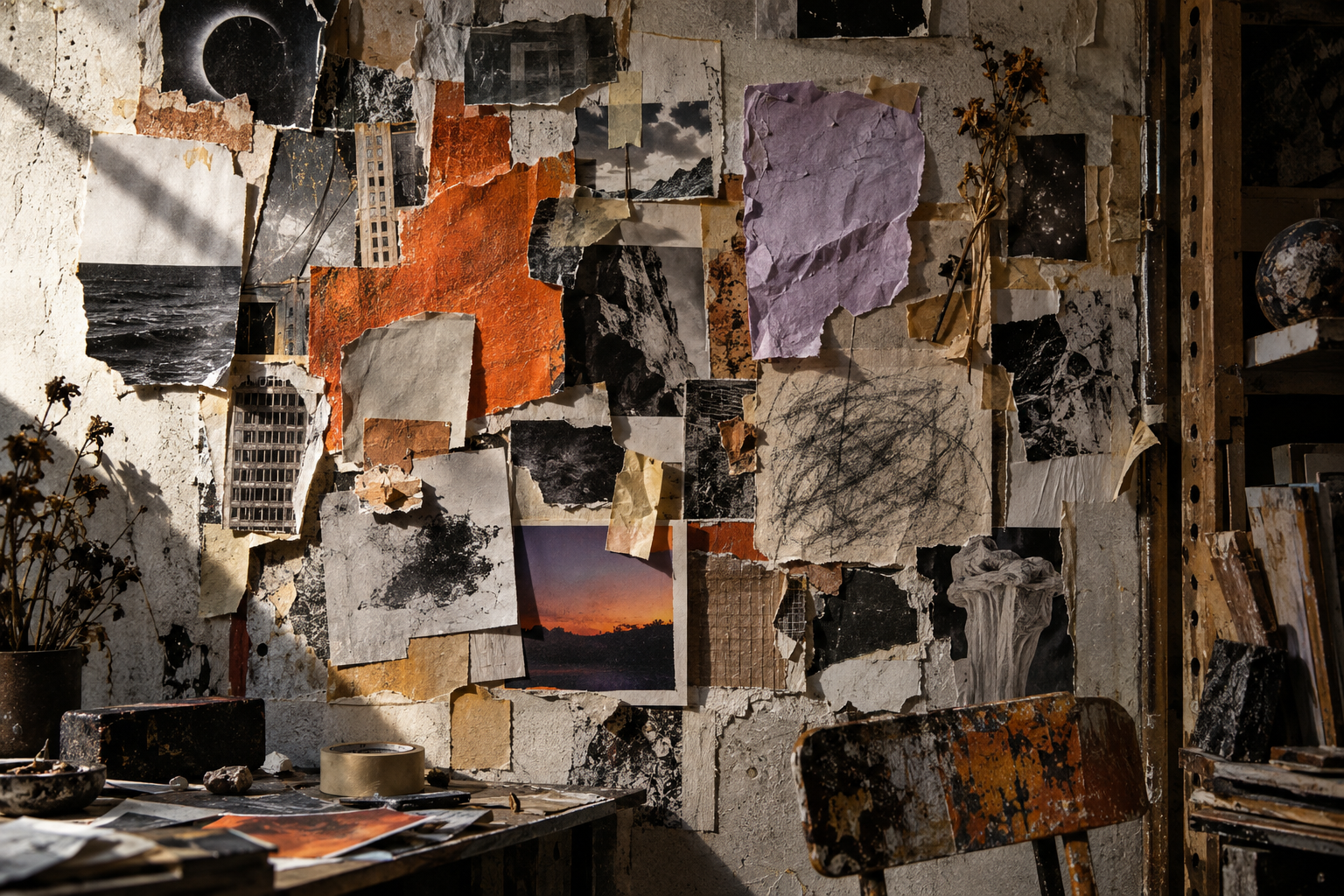 Overlapping torn reference images and faded paper swatches on a worn studio wall