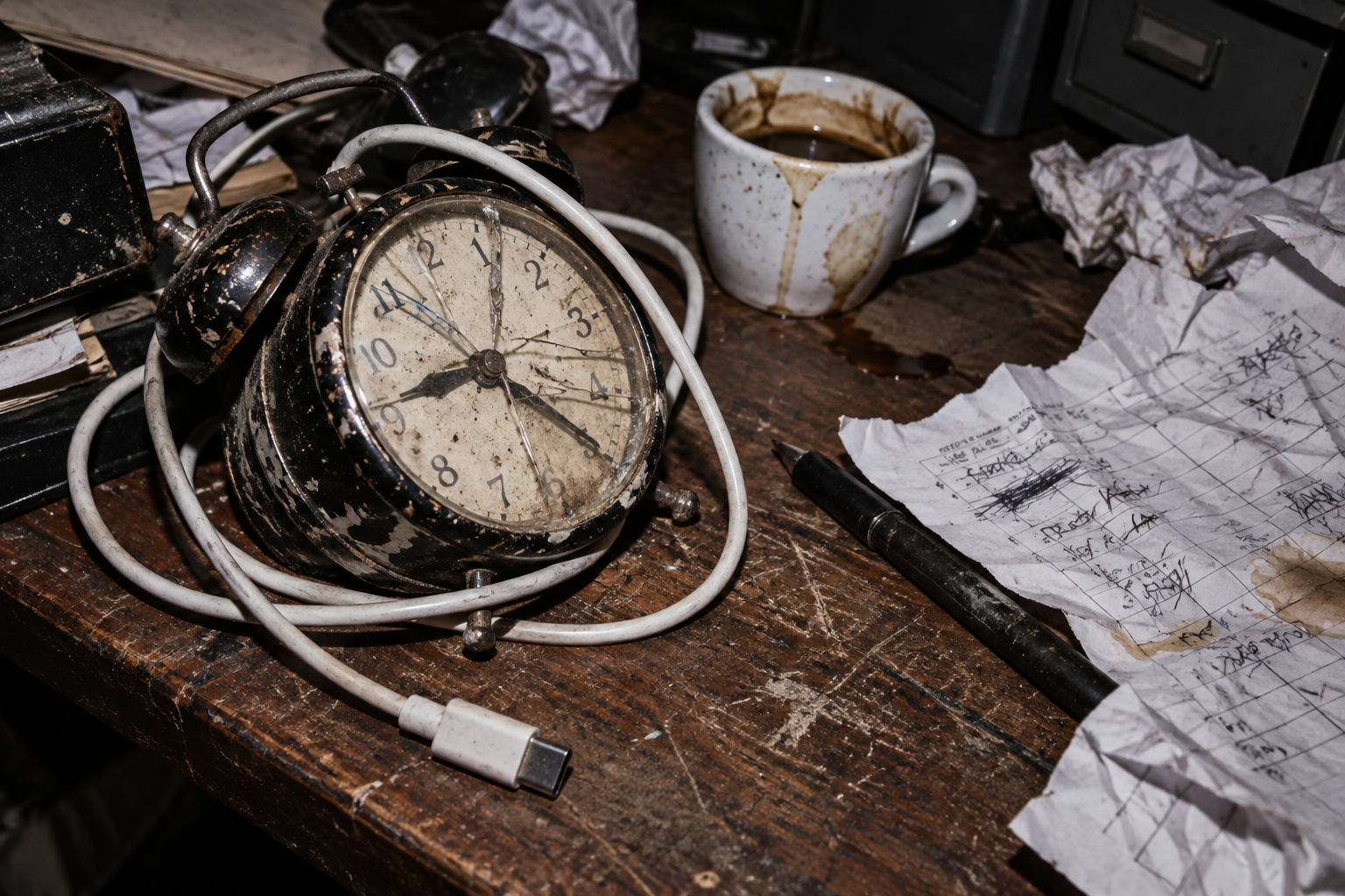 A cracked alarm clock tangled in a cable beside coffee and marked papers