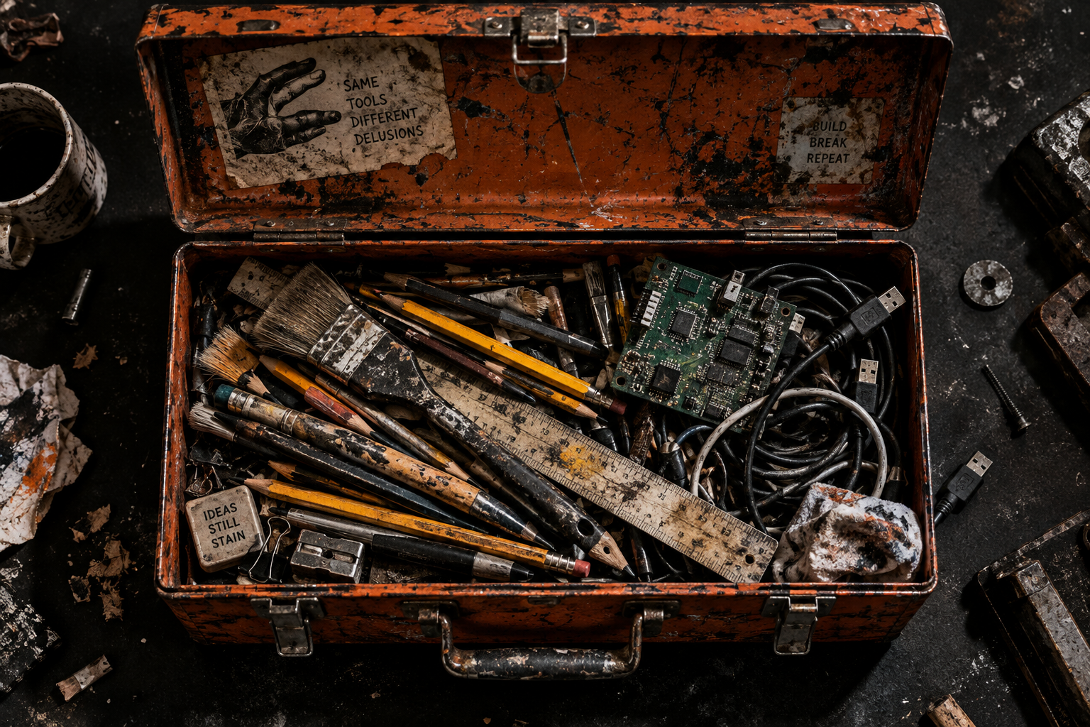 A scuffed orange toolbox containing paintbrushes, pencils, circuitry and cables
